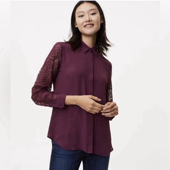 Loft Burgundy Plum Dressy Long Sleeve Lace Blouse Button Down Top Shirt XS - Picture 3 of 10